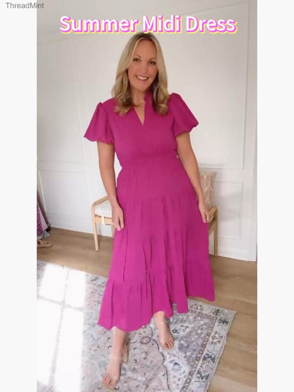 Summer Midi Dress Puff Sleeves V-Neck Tiered A-Line Formal Slim Fit - Picture 7 of 7